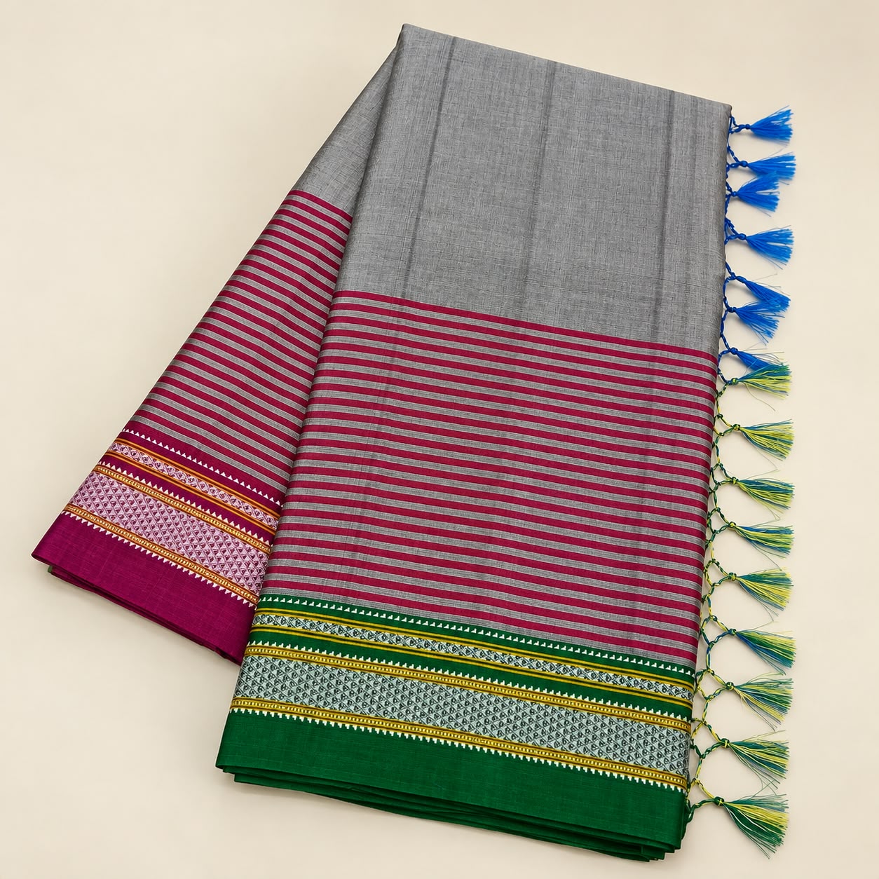 Grey and Emerald Green Handloom Ilkal Saree with Magenta Striped Border and Traditional Tassels — Viscose Cotton Ilkal saree