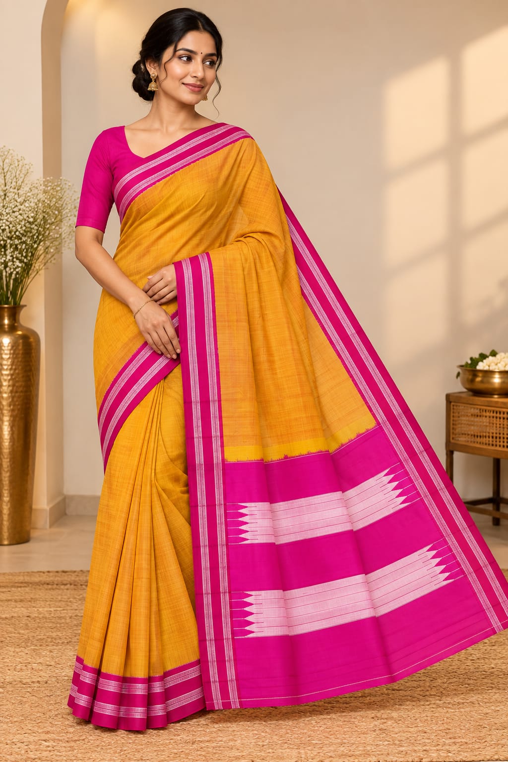 Pink Green Handloom Gayatri Handloom Ilkal Saree — Silk Tissue Ilkal saree