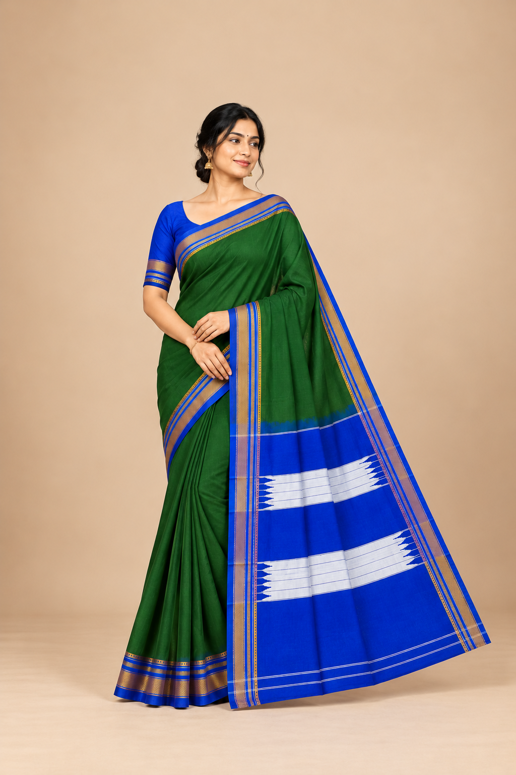 Dark Green and Royal Blue Ilkal Saree with Silver Striped Pallu and Gold Zari Border — Cotton-Silk Ilkal saree