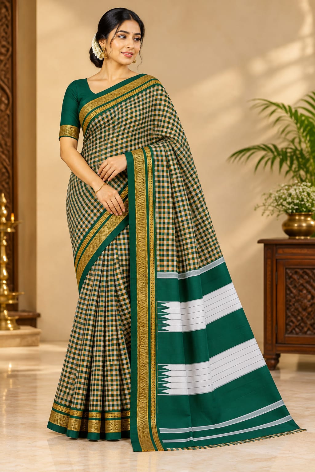 Emerald Green & Mustard Gold Checked Ilkal Saree with Traditional  Border — Cotton-Silk Ilkal saree