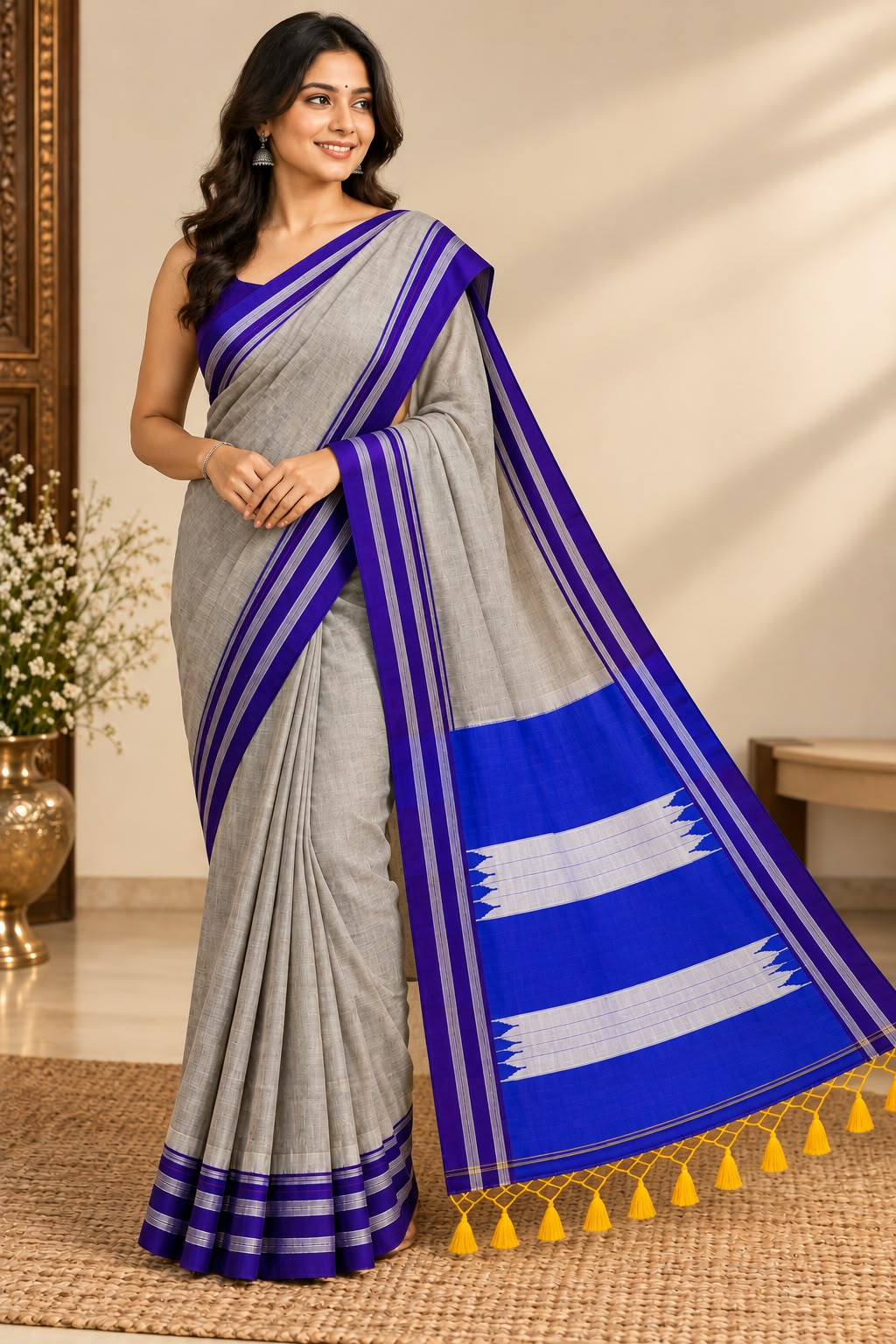 Grey and Royal Blue Gayatri Handloom Ilkal Saree with Silver Striped Border and Traditional Pallu — Viscose Cotton Ilkal saree