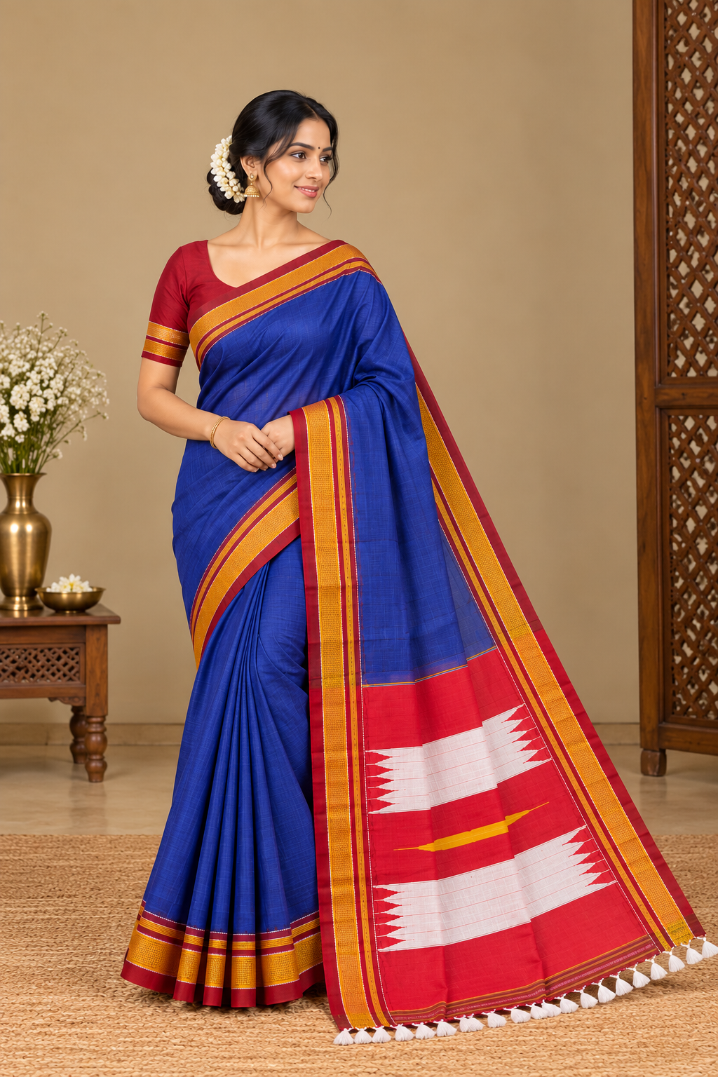 Royal Blue Ilkal Saree with Maroon Border, Mustard Gold Stripes & Red Silver Pallu — Viscose Cotton Ilkal saree