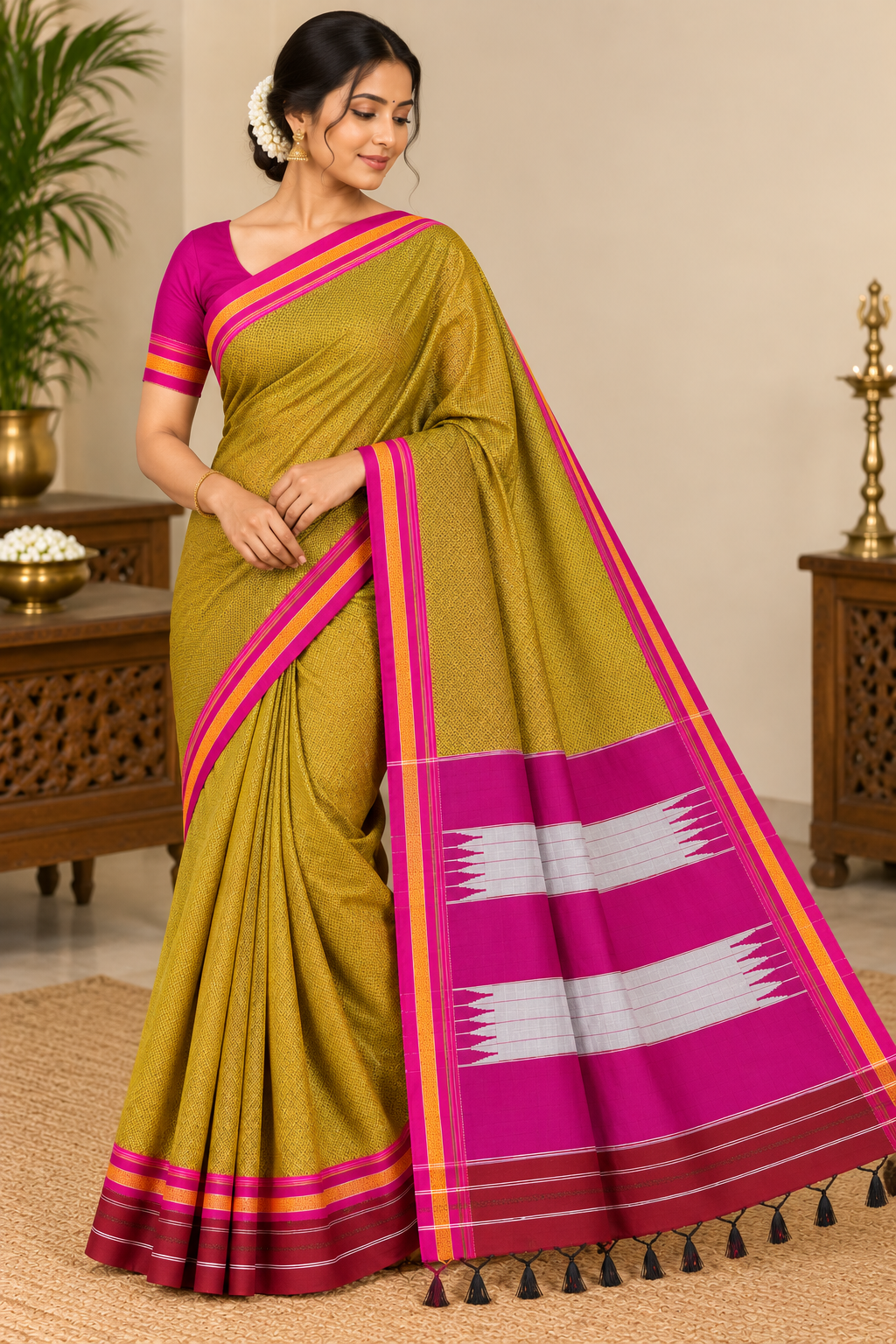 Mustard Olive Green & Pink Ilkal Khun Saree — Cotton-Silk Ilkal saree