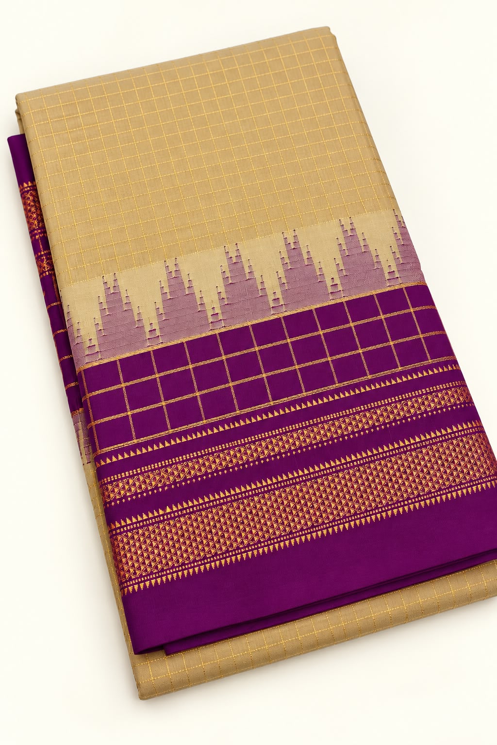 Premium Beige Gold Khun Saree with Rich Purple Border & Traditional Golden Zari Temple Boarder Saree — Cotton-Silk Ilkal saree