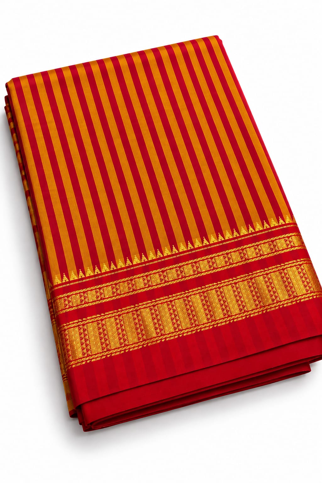 Mustard Yellow & Red Stripe Ilkal Saree with Golden Zari Temple Border — Cotton-Silk Ilkal saree