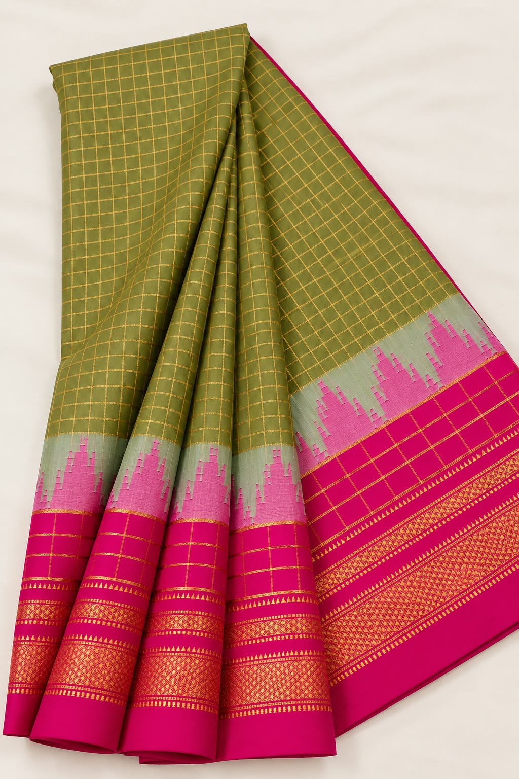 Premium Olive Green Khun Saree with Rani Pink Border & Golden Zari Checks — Cotton-Silk Ilkal saree