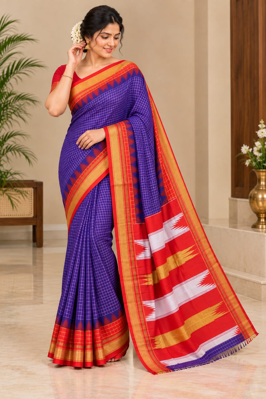 Royal Purple Checked Ilkal Saree — Cotton-Silk Ilkal saree