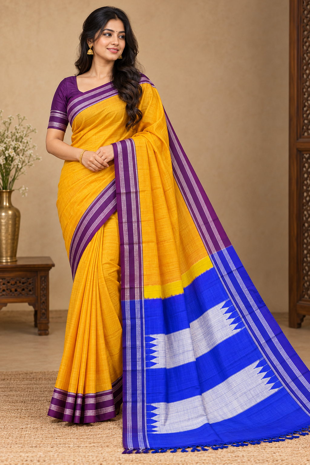 Mustard Yellow Gayatri Handloom Ilkal Saree with Royal Blue Silver Pallu & Purple Border — Viscose Cotton Ilkal saree