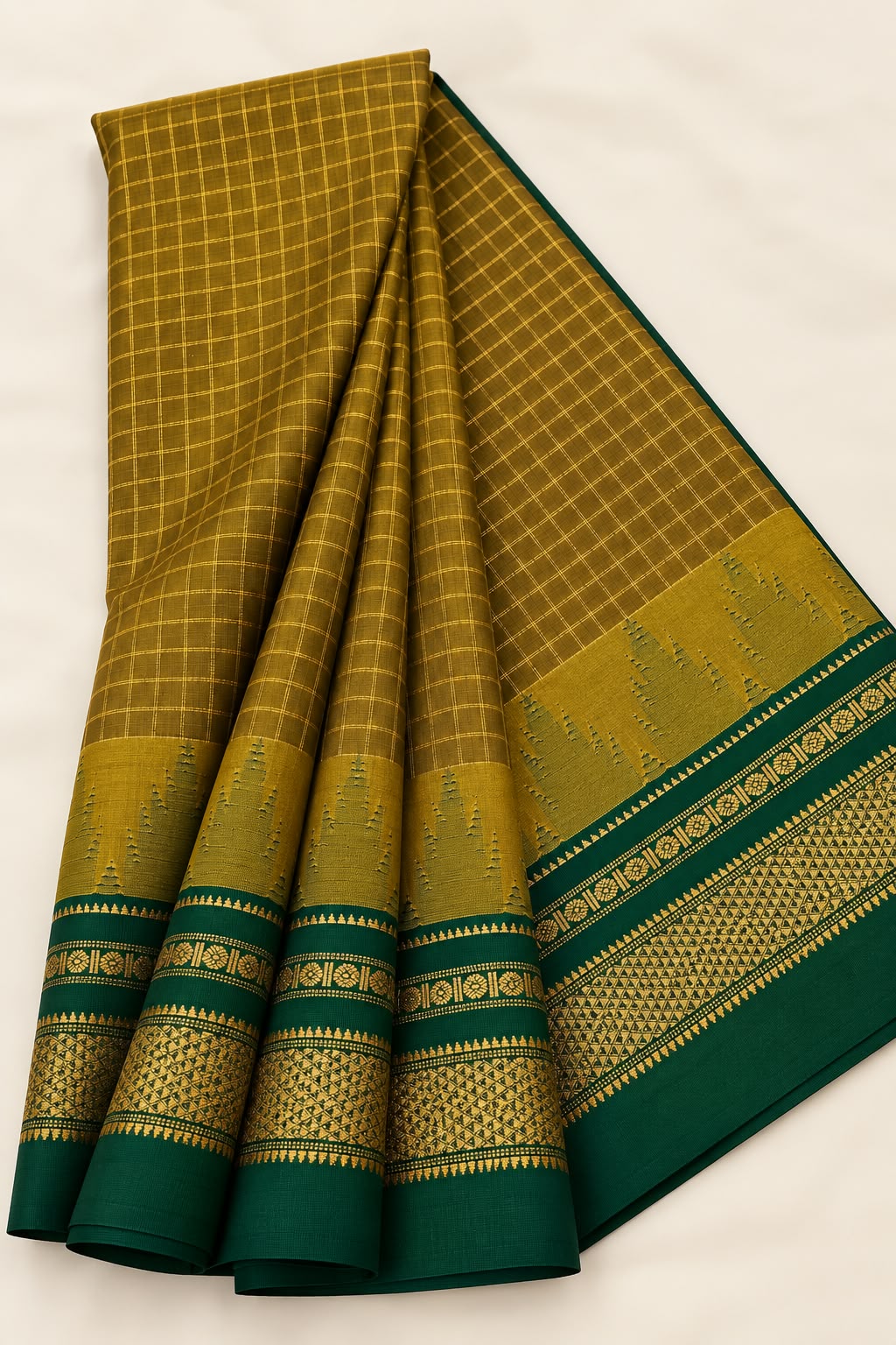 Olive Mustard Saree with Emerald Green Border & Golden Zari Checks — Cotton-Silk Ilkal saree