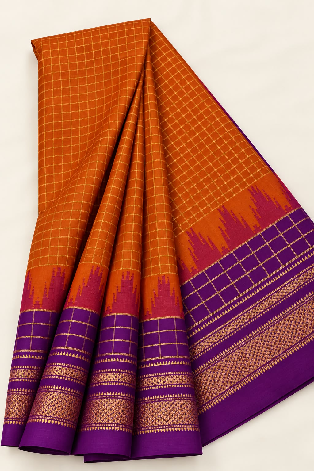 Rust Orange Saree with Purple Checks & Traditional Golden Zari Temple Border — Cotton-Silk Ilkal saree