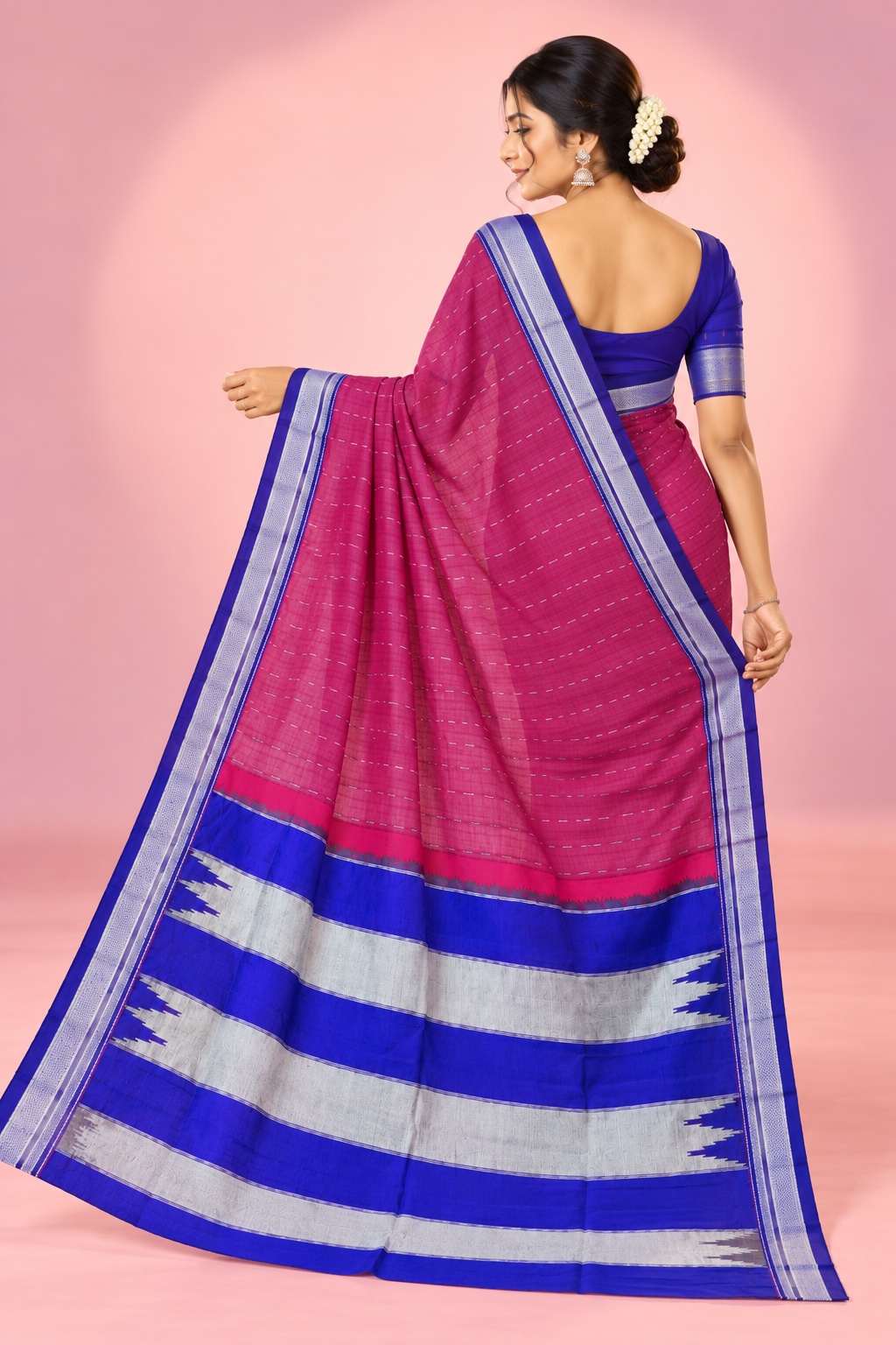 Traditional Magenta Pink and Royal Blue Border Handloom Slub Ilkal Saree — Pure Cotton Ilkal saree