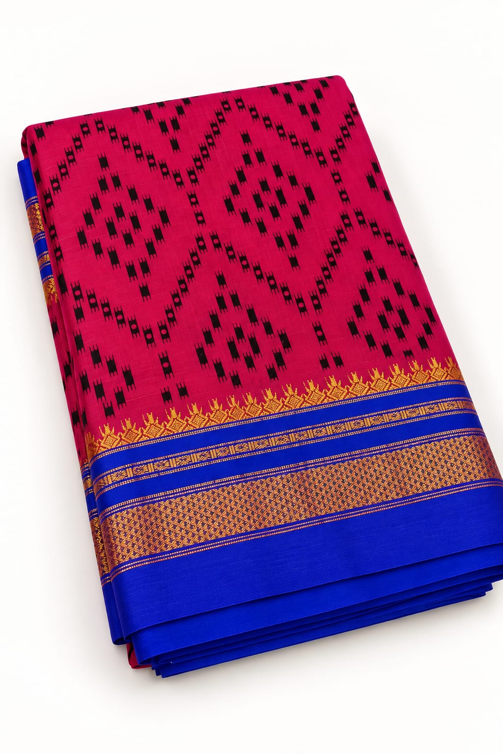Pink & Royal Blue Ilkal Saree with Black Printed Geometric Motifs & Golden Zari Border — Cotton-Silk Ilkal saree