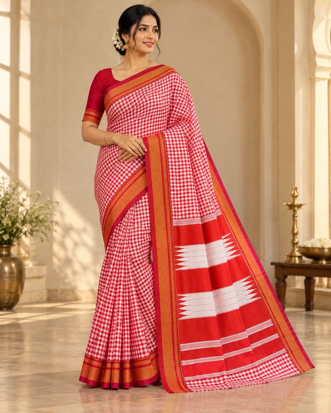 Red White Checked Thana Cotton Ilkal Saree with Traditional Gold Zari Border — Cotton-Silk Ilkal saree