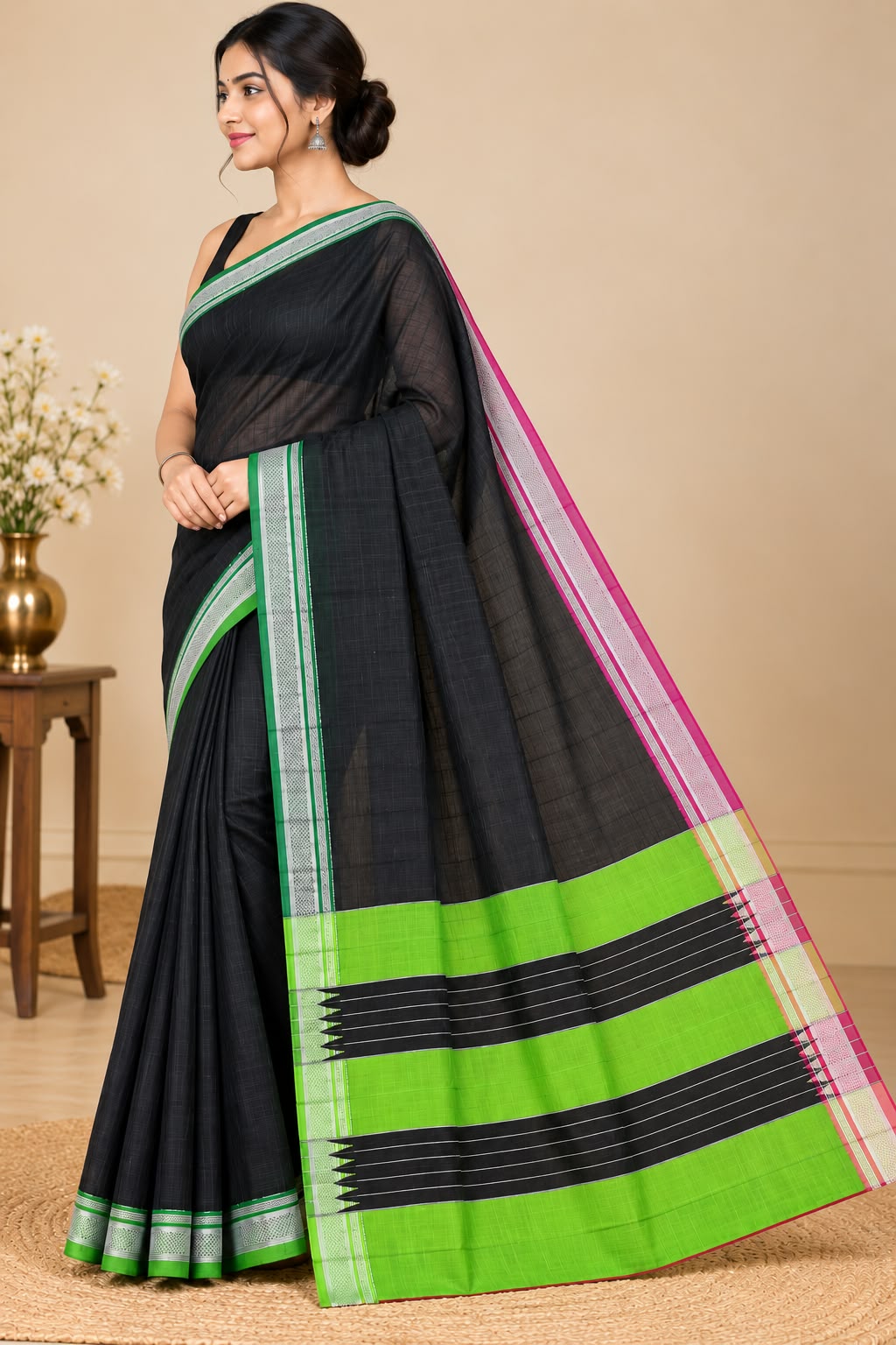 Black & Green Ilkal Handloom Ganga Jamuna Saree with Pink Pallu — Viscose Cotton Ilkal saree
