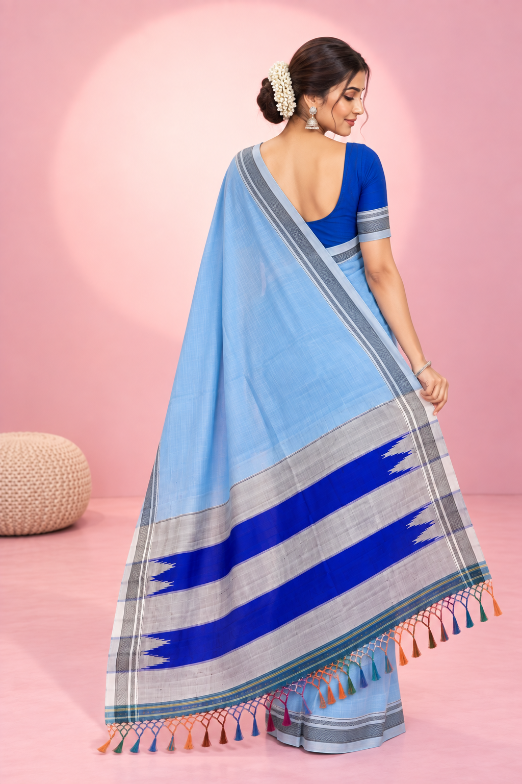 Sky Blue Royal Blue Ilkal Handloom Cotton Saree — Handloom Cotton Ilkal saree