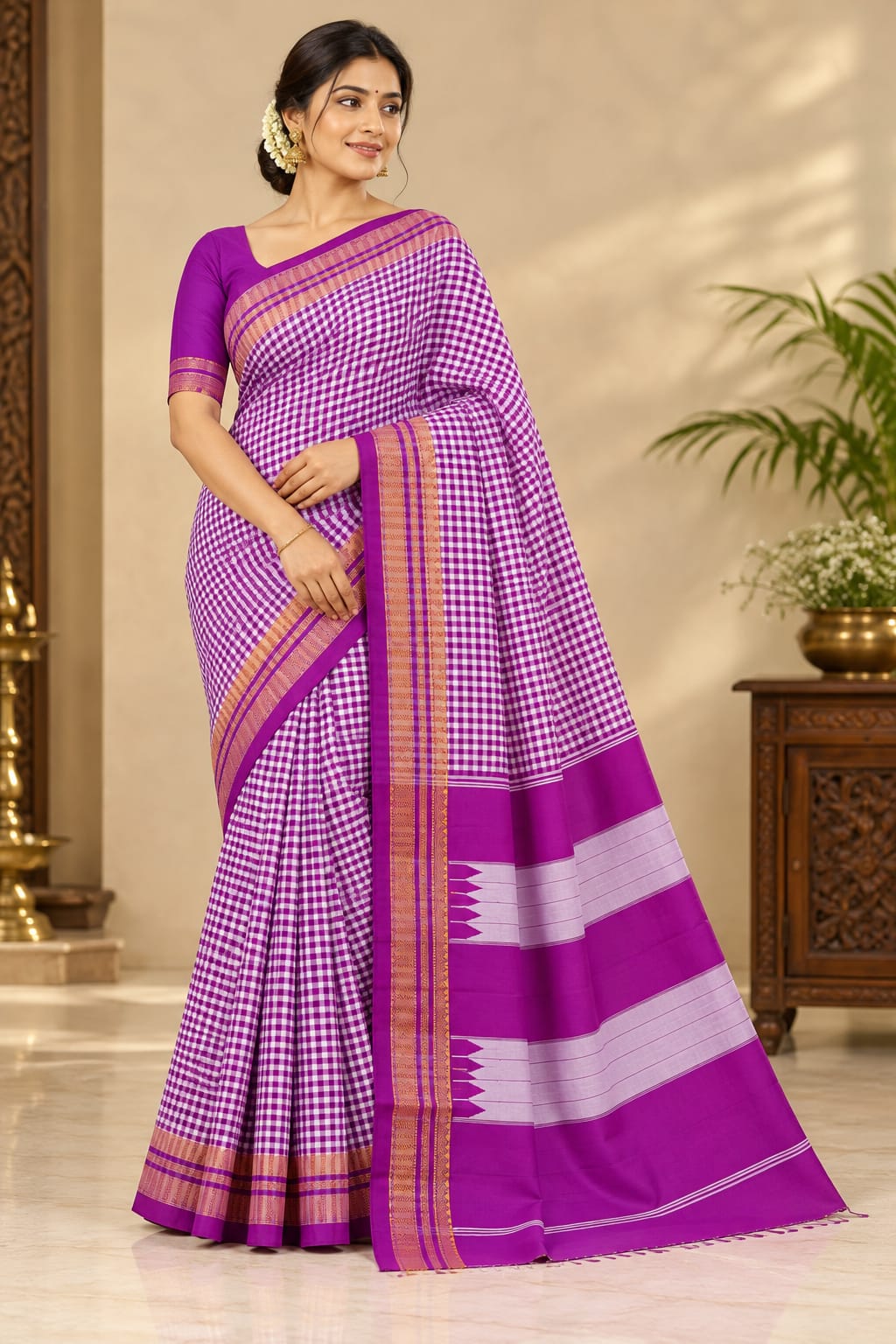 Royal Purple Checked Ilkal Saree with Traditional Mustard Gold Zari Border — Cotton-Silk Ilkal saree