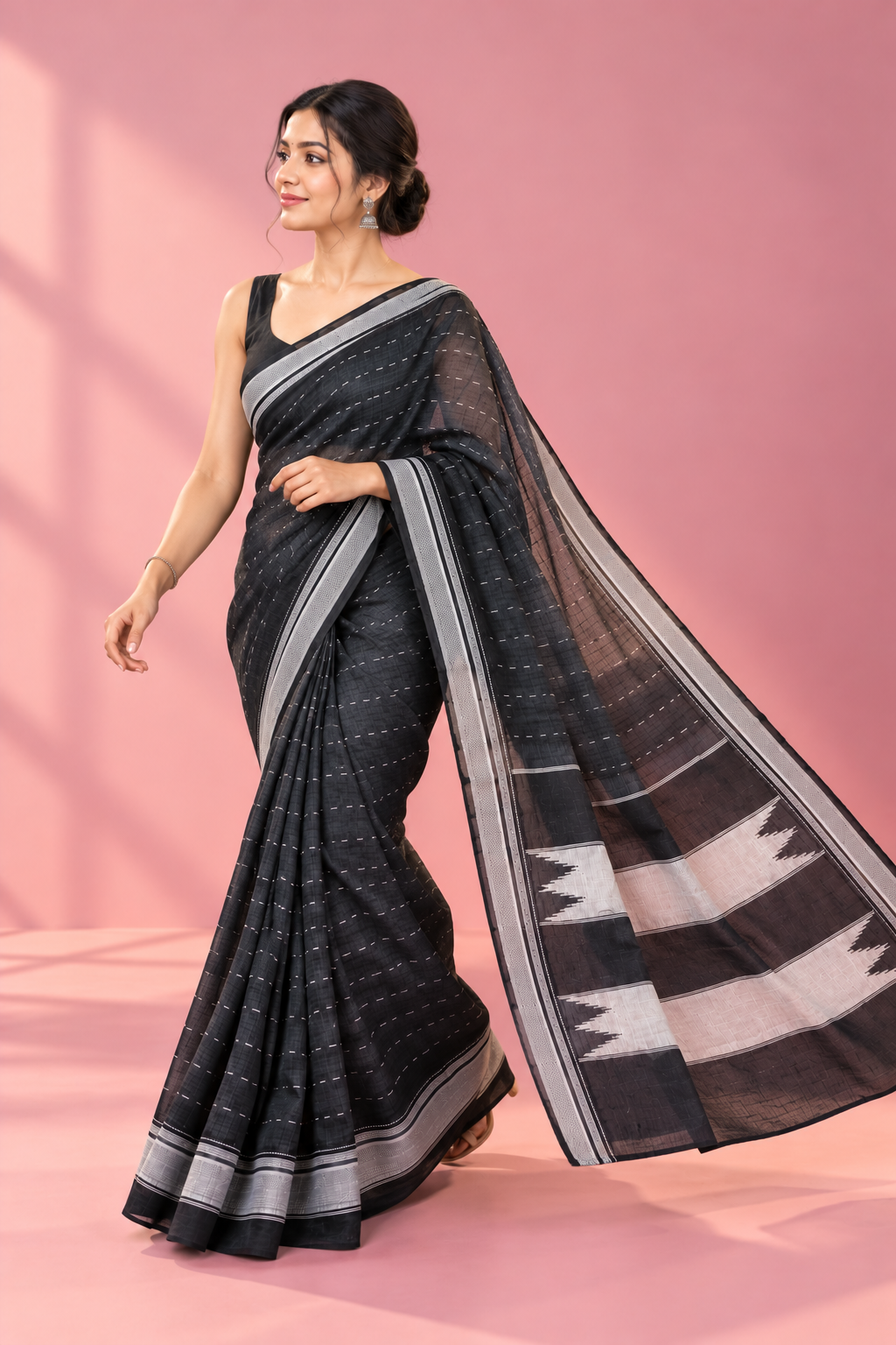 Black & Silver Traditional Handloom Cotton Ilkal Saree – Elegant Contrast Border — Pure Cotton Ilkal saree