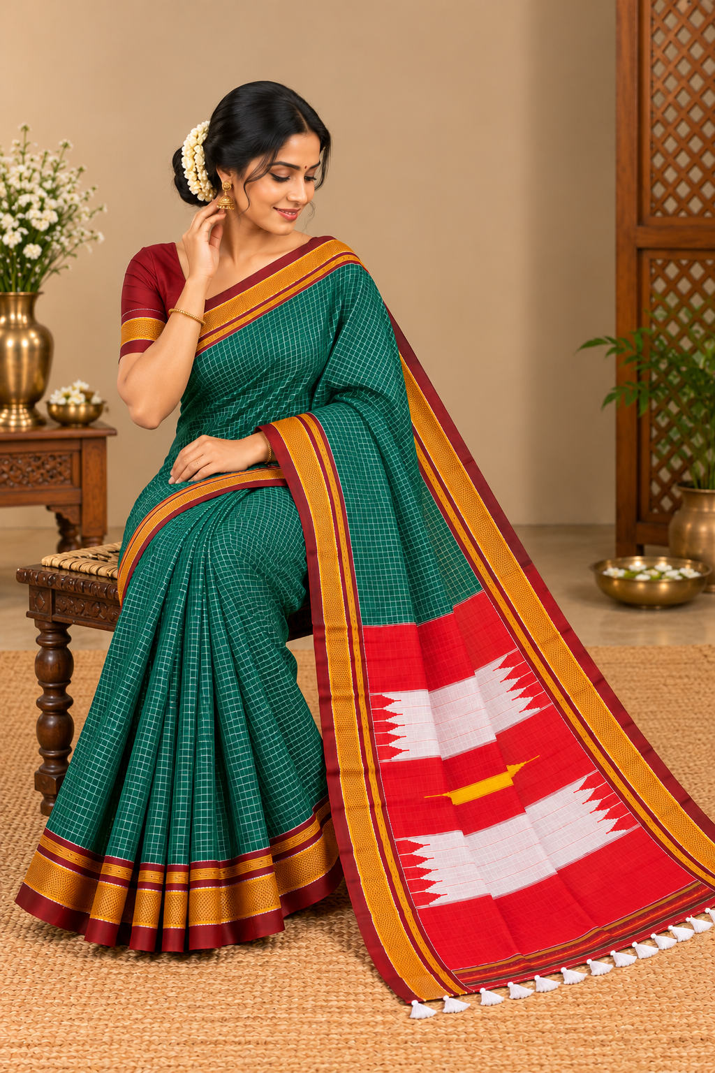 Bottle Green Checked Ilkal Saree with Maroon Gold Border and Red Pallu — Viscose Cotton Ilkal saree