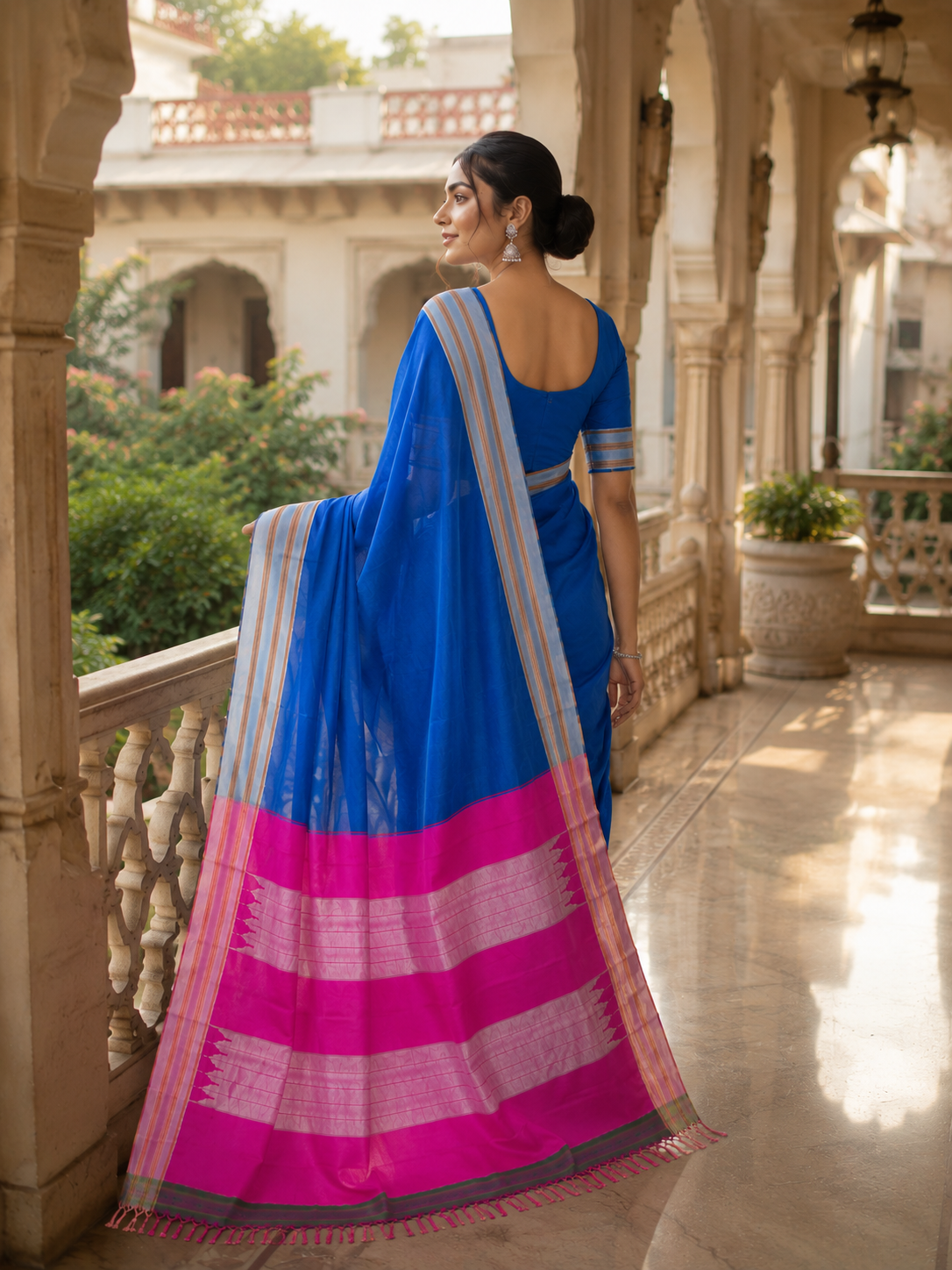 Pink Blue Handloom Gayatri Ilkal Saree — Viscose Cotton Ilkal saree