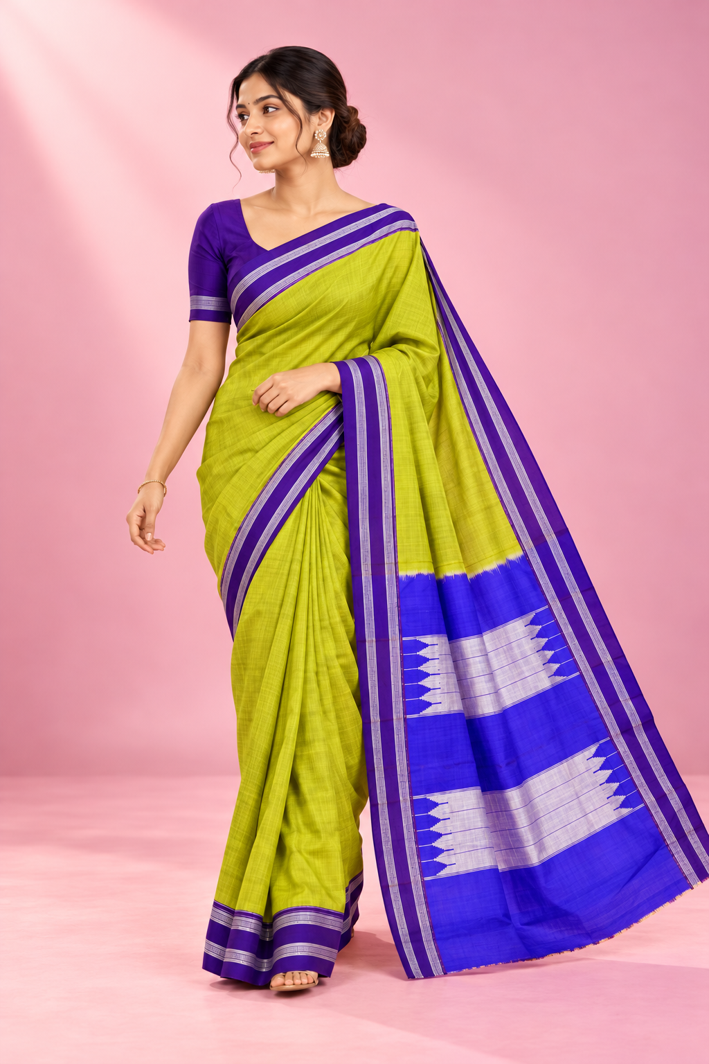 Lime Green Ilkal Gayatri Boarder Handloom Saree with Royal Blue Silver Pallu — Viscose Cotton Ilkal saree
