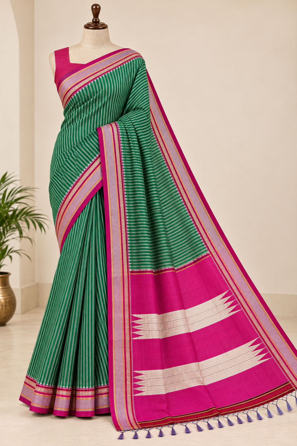 Green White Striped Handloom Ilkal Saree with Magenta Pallu — Viscose Cotton Ilkal saree