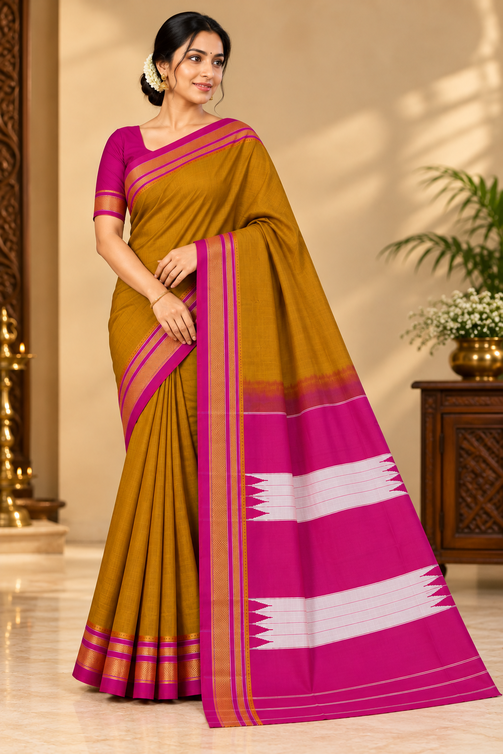 Mustard Gold & Magenta Ilkal Saree with Traditional Tope Teni Pallu — Cotton-Silk Ilkal saree