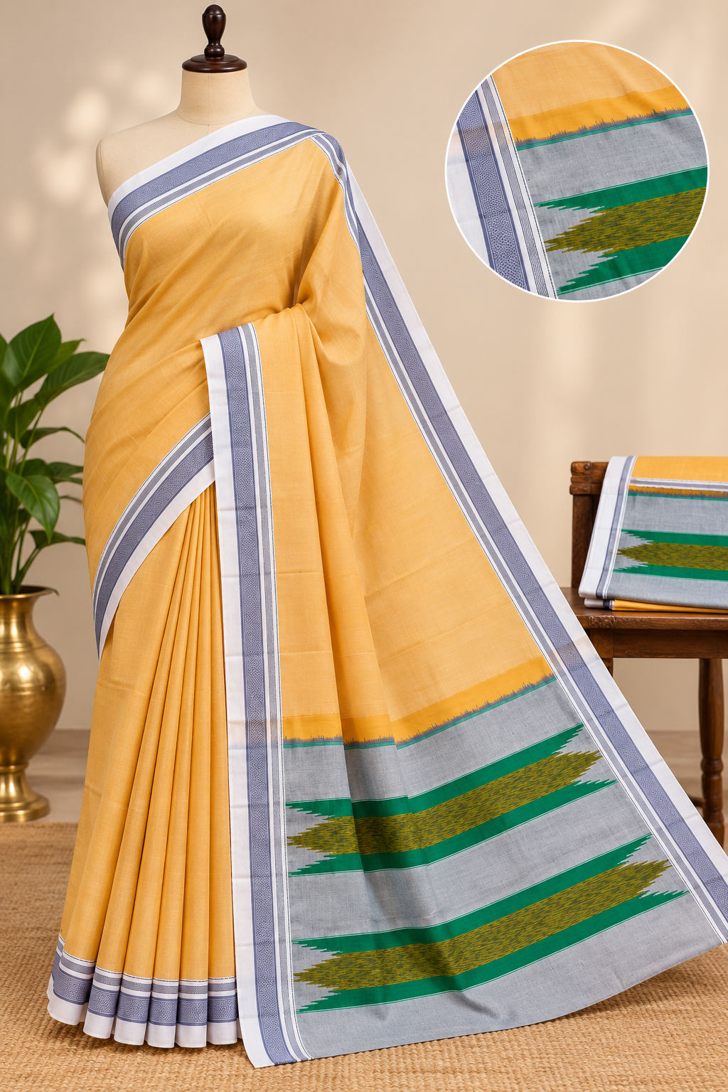remium Peach Gold Handloom Ilkal Saree with Grey & Green  Border — Pure Cotton Ilkal saree