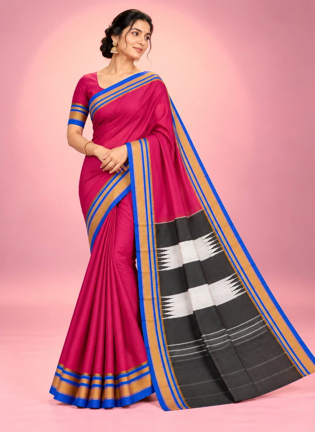 Traditional Magenta Ilkal Saree with Black and White Striped Pallu and Royal Blue Gold Zari Border — Cotton-Silk Ilkal saree
