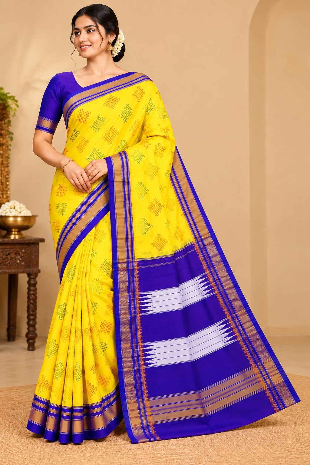 Royal Blue & Golden Printed Yellow Handloom Saree — Cotton-Silk Ilkal saree