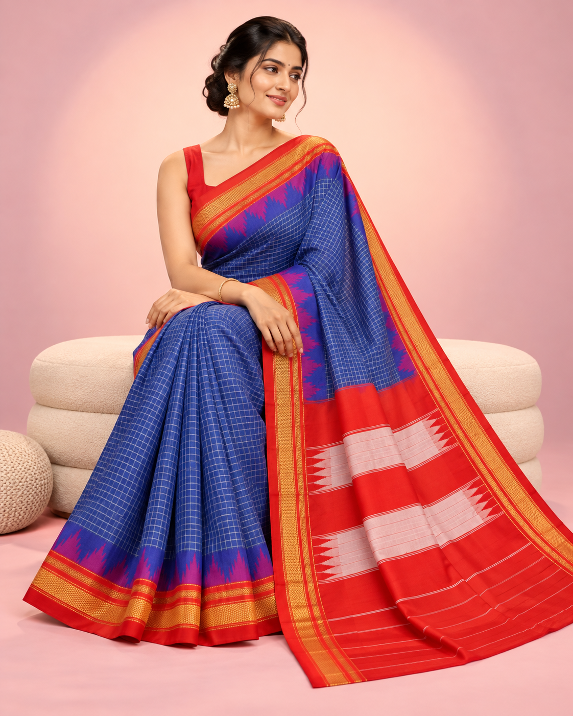 Royal Blue Checked Ilkal Saree with Red Pallu and Temple Gold Zari Border — Cotton-Silk Ilkal saree