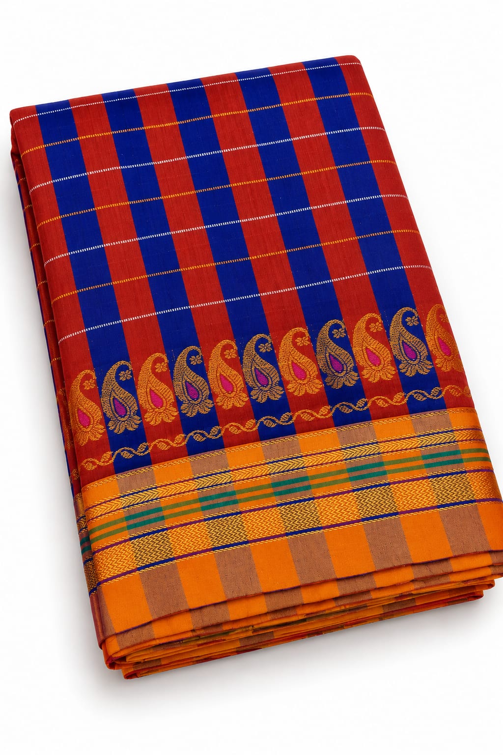 Red & Royal Blue Ilkal Saree with Orange Checks Border and Golden Paisley Motifs — Cotton-Silk Ilkal saree