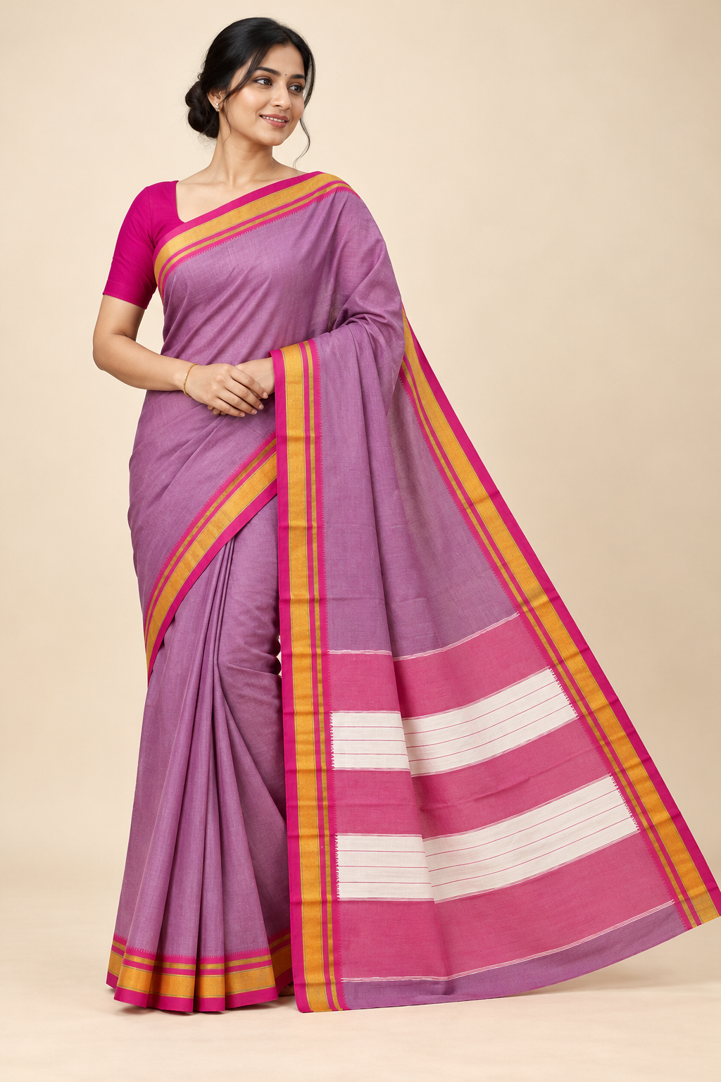 Mauve Pink Ilkal Saree with Magenta & Gold Border and White Striped Pallu — Viscose Cotton Ilkal saree