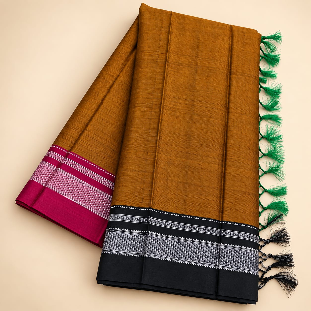 Mustard Brown Ganga-Jamuna Ilkal Handloom Saree with Pink Pallu — Handloom Cotton Ilkal saree