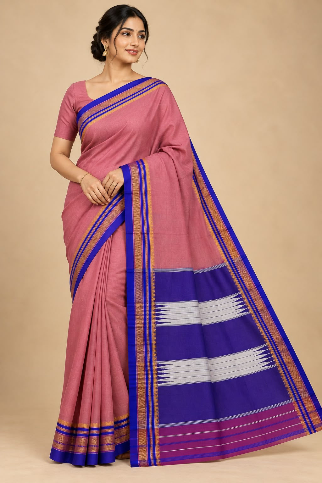 Dusty Rose Pink & Royal Blue Thana Cotton Ilkal Saree with Golden Border — Cotton-Silk Ilkal saree
