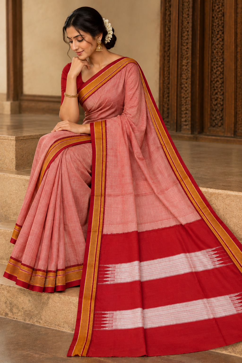 Rose Pink Chikkifaras Handloom Ilkal Saree with Maroon Gold Border and Tope teniPallu — Viscose Cotton Ilkal saree