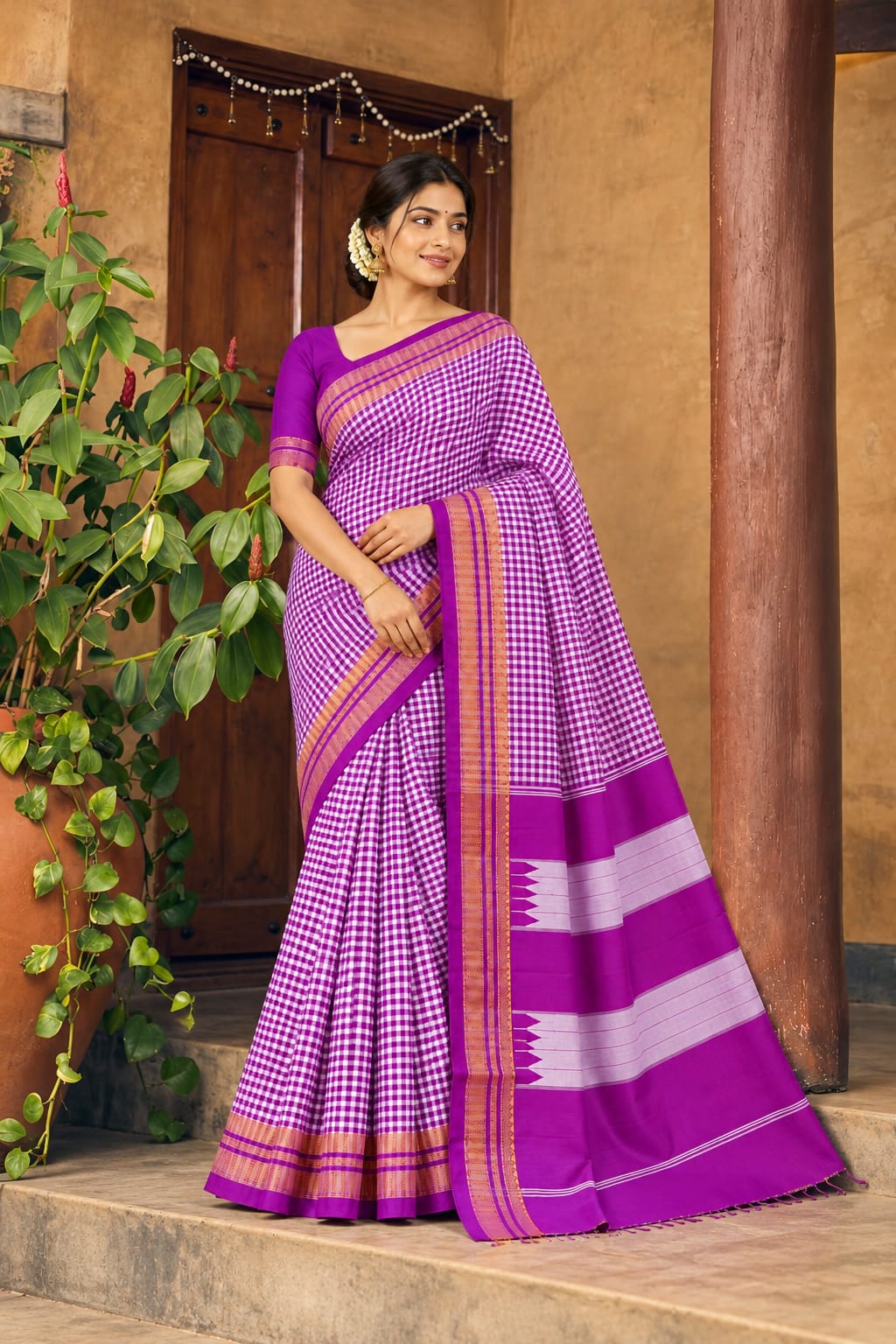Royal Purple Checked Ilkal Saree with Traditional Mustard Gold Zari Border — Full drape