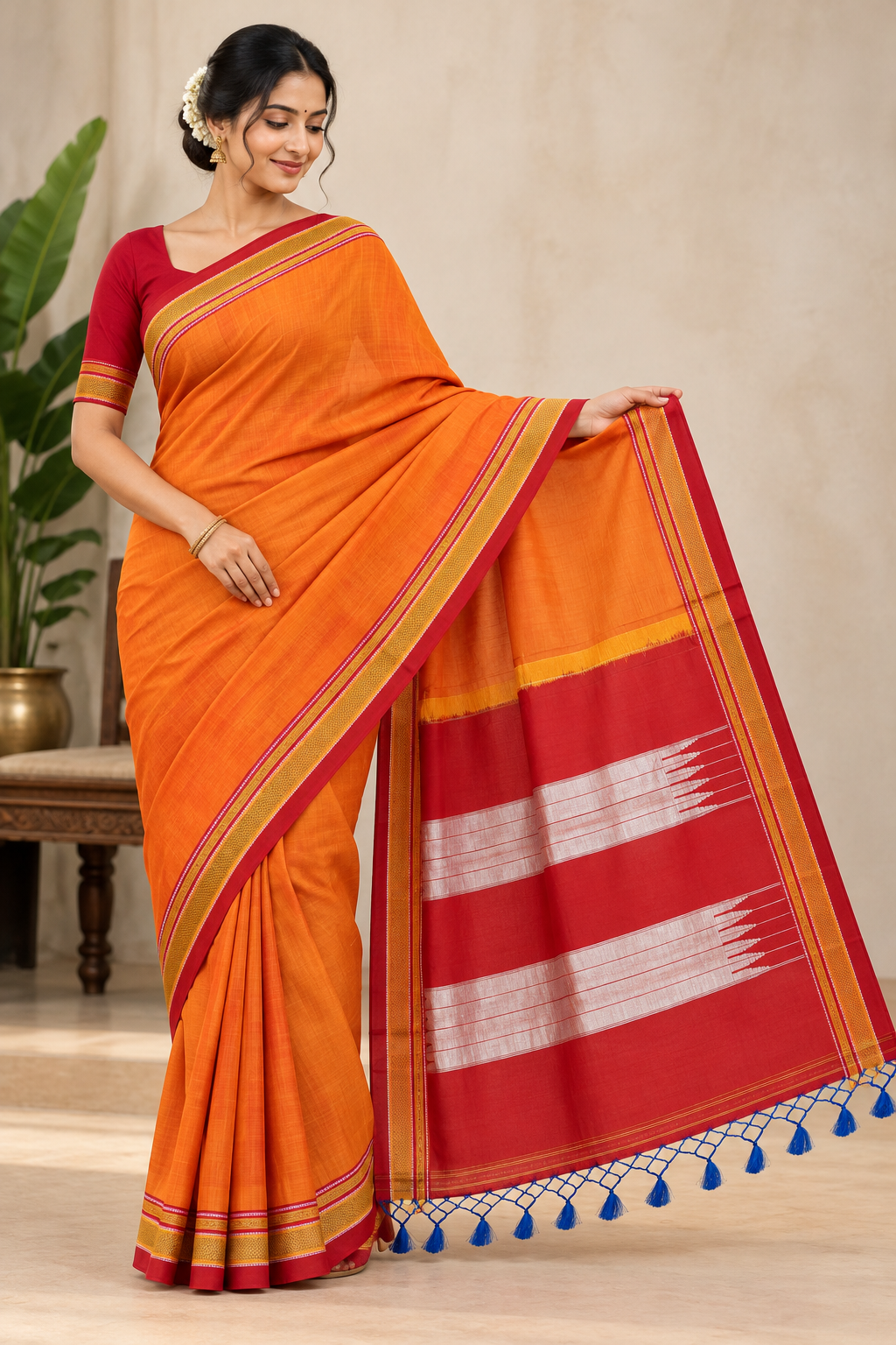 Orange and Maroon Chikkifaras Ilkal Handloom Saree with Silver Striped Pallu — Viscose Cotton Ilkal saree