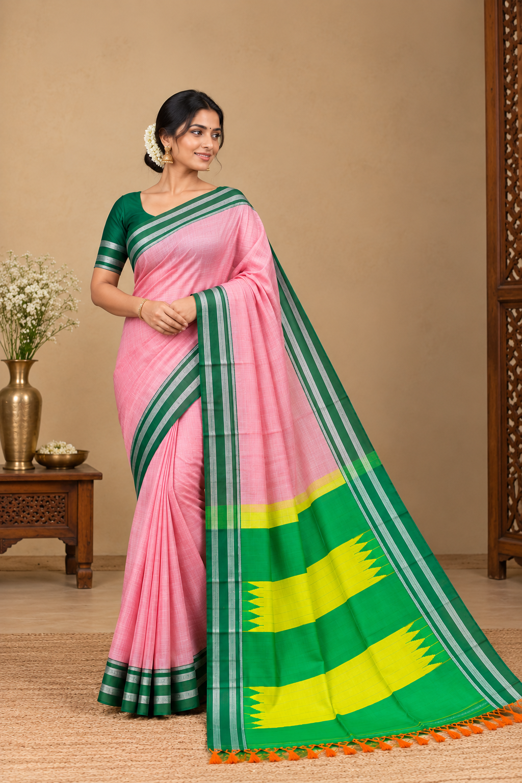 Pastel Pink Ilkal Saree with Green Gayatri Border and Yellow-Green Pallu — Viscose Cotton Ilkal saree