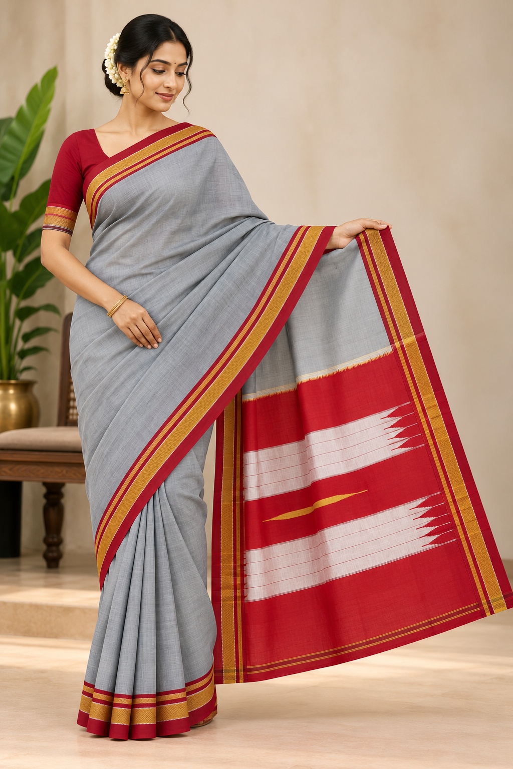 Grey and Maroon Ilkal Chikkifaras Saree with Gold Border and Silver Striped Pallu | — Viscose Cotton Ilkal saree